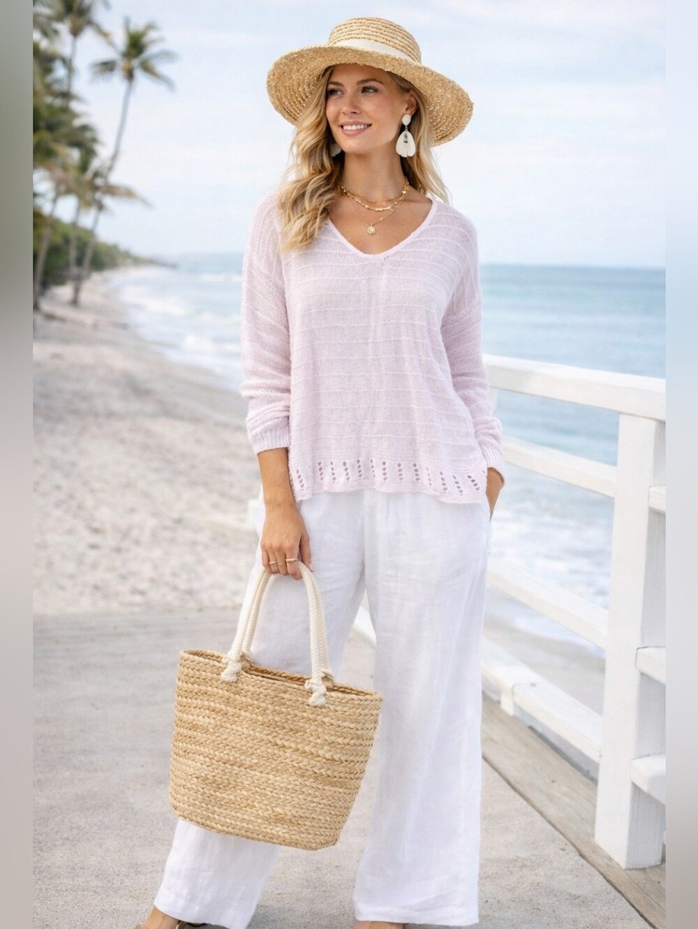 Tina Stephens Light Knit V‑Neck Sweater –  Light pink, Size 0/S( M) Linen Bland